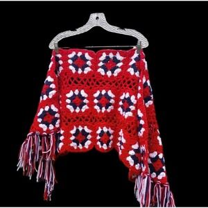 VINTAGE Granny Square Crocheted Patriotic USA Shawl Scarf Red White Blue 48x18"